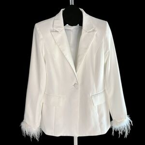 Windsor One Button White Blazer with Feather Accented Cuff